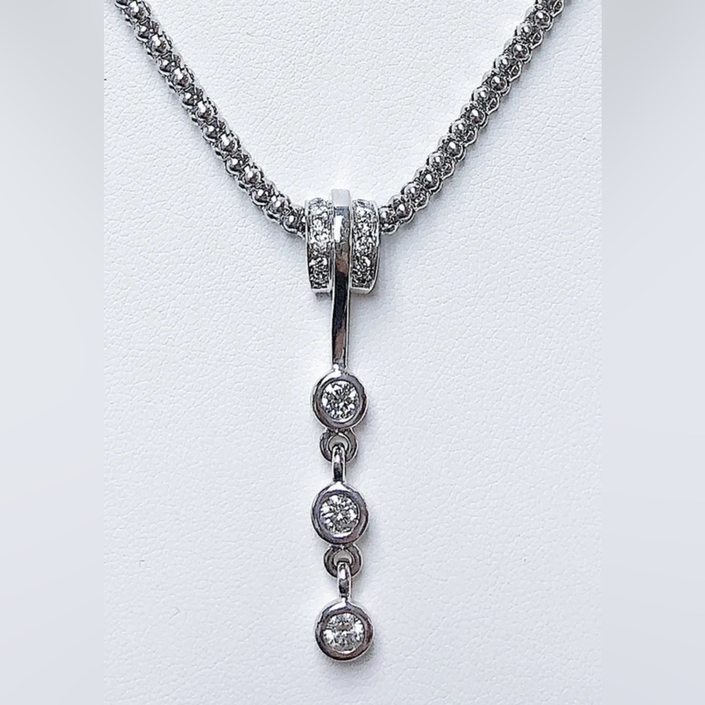 Estate 14K White Gold Trinity Diamond Drop Necklace | Popcorn Chain | Removable